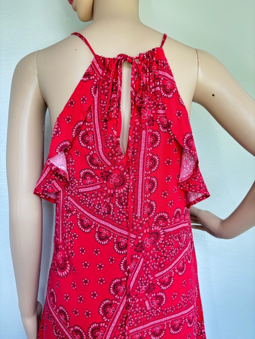 Chelsea & Violet Red Bandana-Print Halter Dress with Blue Floral Accents NWOT - Picture 10 of 16